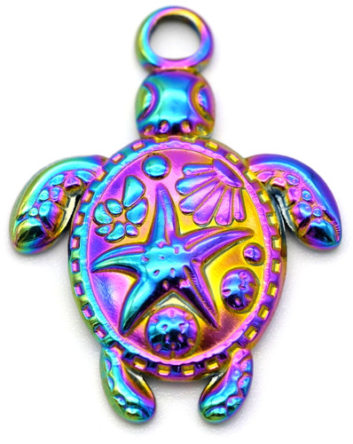 23x18mm Stainless Steel Sea Turtle Pendant, Rainbow Iris