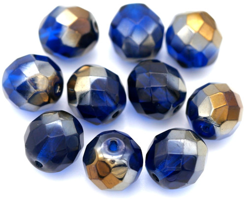 10pc 10mm Czech Faceted Fire-Polished Round Glass Beads, Capri Blue/Valentinit