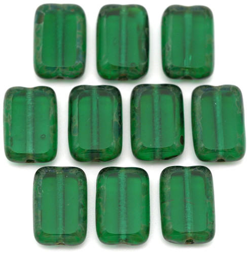 10pc 12x8mm Czech Table-Cut Glass Rectangle Beads, Transparent Emerald/Picasso