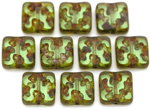 10pc 10mm Czech Table-Cut Glass Patterned Square Beads, Transparent Light Green/Picasso