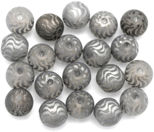 20pc 8mm Patterned Glass Round Beads, Matte Crystal/Silver Waves