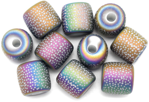 10pc 12mm Patterned Glass Barrel Beads, Matte White/Dotted Rainbow Iris