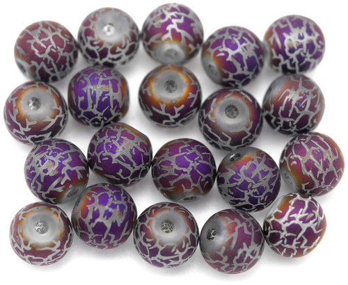 20pc 8mm Patterned Glass Round Beads, Matte Crystal/Purple Iris Crackle