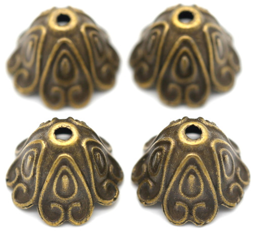 4pc 15x11mm Ornate Cone Bead Caps, Antique Bronze