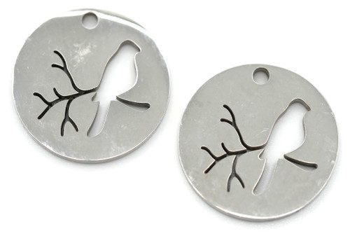 2pc 16mm Stainless Steel Round Charms, Bird on Branch Cutout