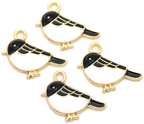 4pc 15x19.5mm Enameled Bird Charms, Black/White/Gold