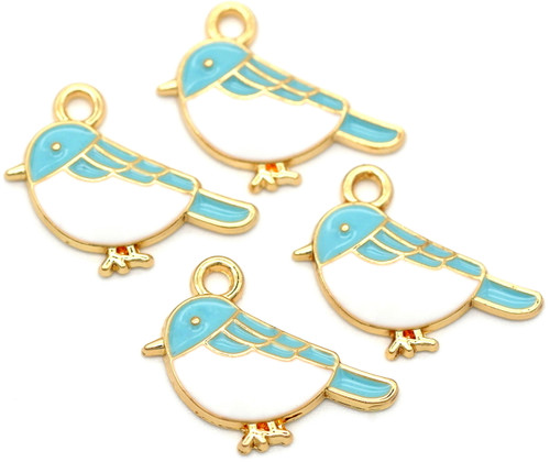 4pc 15x19.5mm Enameled Bird Charms, Blue/White/Gold