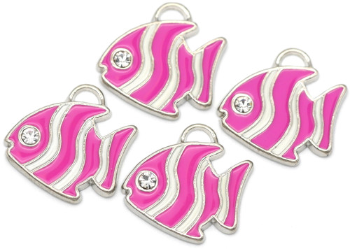 4pc 19x20mm Pink w/White Stripe & Rhinestone Enameled Fish Charms, Silver