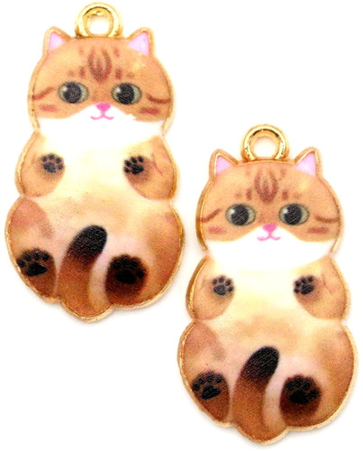 4pc 25x14mm Printed & Enameled Tabby Cat Pendant, Brown/White/Gold