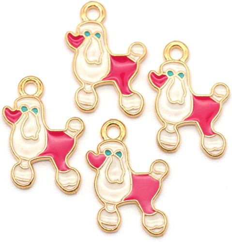 4pc 19x14mm Enameled Poodle Charms, Pink/White/Gold