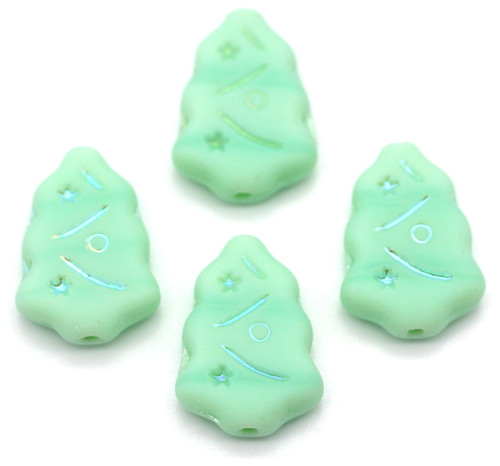 4pc 17x12mm Czech Pressed Glass Christmas Tree Beads, Matte Sea Green Opal/AB Wash