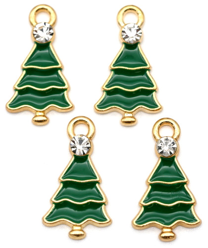 4pc Enamel & Rhinestone Christmas Tree Charms, Green/Gold