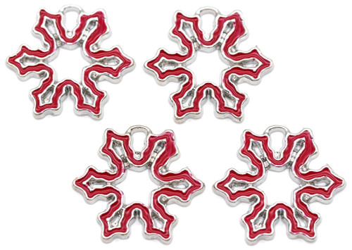 4pc 23x25mm Enameled Snowflake Pendants, Silver/Red