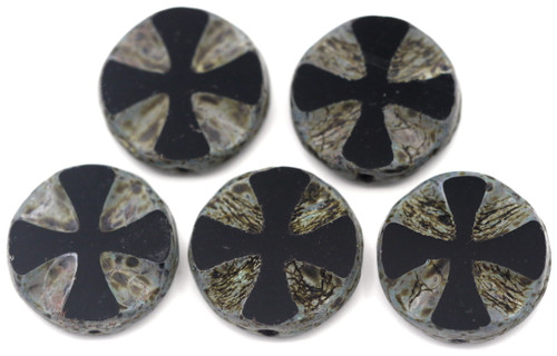 5pc 14mm Czech Table-Cut Patterned Disc Beads, Jet/Picasso