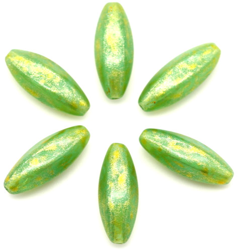 6pc 19x7mm Czech Pressed Glass Oval Beads, Green Opal/Gold Shimmer