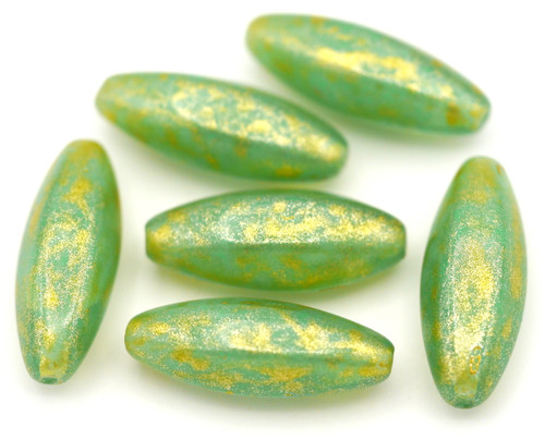 6pc 19x7mm Czech Pressed Glass Oval Beads, Green Opal/Gold Shimmer