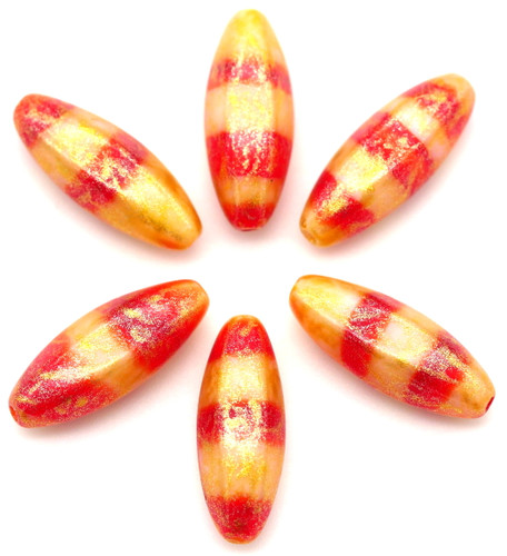 6pc 19x7mm Czech Pressed Glass Oval Beads, Red-White Swirl/Gold Shimmer