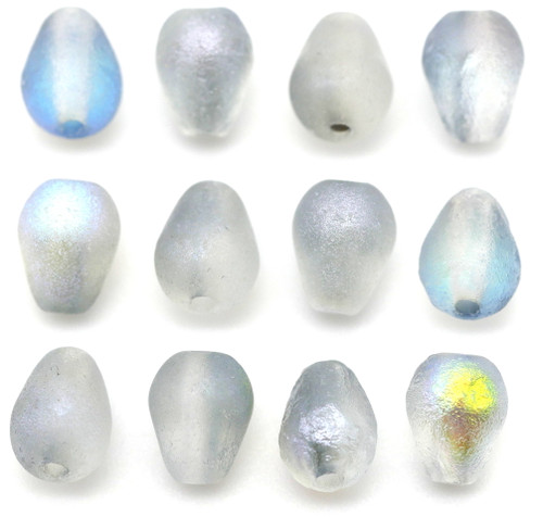 12pc 8x6mm Czech Pressed Glass Drop Beads, Etched Crystal/Blue Rainbow