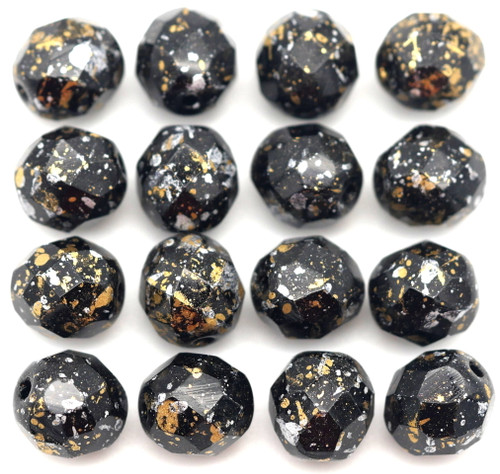 16pc 8mm Czech Fire-Polished Glass Faceted Round Beads, Jet/Tweedy Gold