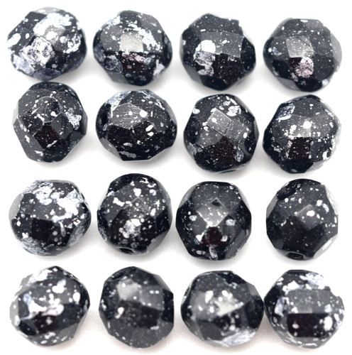 16pc 8mm Czech Fire-Polished Glass Faceted Round Beads, Jet/Tweedy Silver