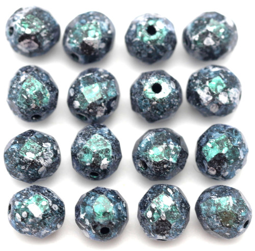 16pc 8mm Czech Fire-Polished Glass Faceted Round Beads, Jet/Tweedy Green