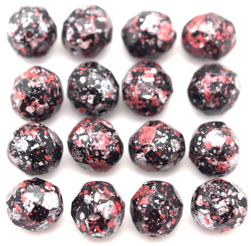 16pc 8mm Czech Fire-Polished Glass Faceted Round Beads, Jet/Tweedy Red