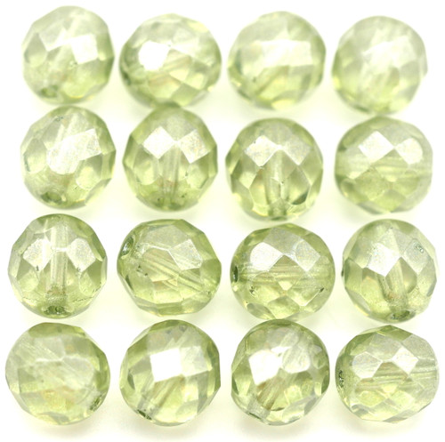 16pc 8mm Czech Fire-Polished Glass Faceted Round Beads, Crystal/Sage Green Luster