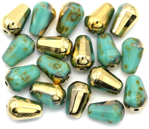 5-Gram Bag (Approx. 15Pcs) 8x6mm Czech Fire-Polished Glass Faceted Drop Beads, Opaque Turquoise/Picasso/Amber