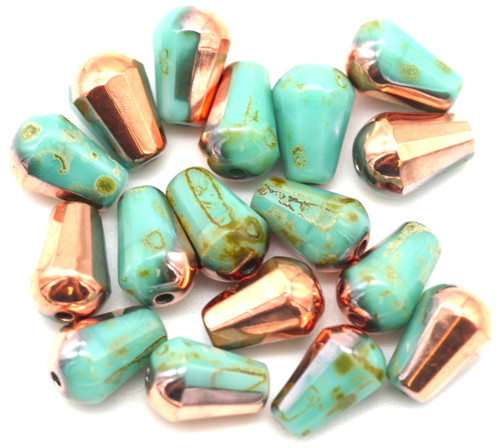 5-Gram Bag (Approx. 15Pcs) 8x6mm Czech Fire-Polished Glass Faceted Drop Beads, Turquoise/Picasso/Capri Gold
