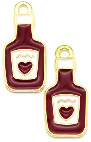 2pc 22x10mm Enameled Ketchup Bottle w/Heart Charms, Gold/Red/White