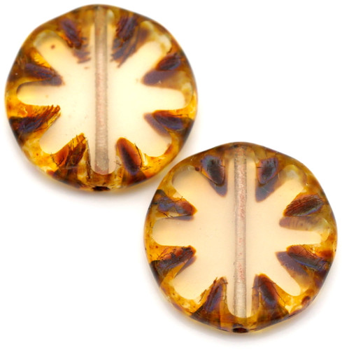 2pc 18mm Czech Table-Cut Glass Patterned Sun Coin Beads, Milky Pale Amethyst/Picasso