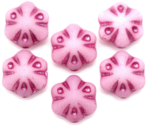 6pc 11mm Czech Pressed Glass Rustic Flower Beads, Matte Alabaster/Pink Wash