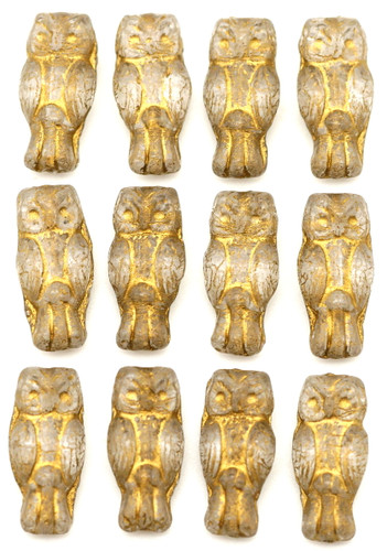 12pc 15x7mm Czech Pressed Glass Owl Beads, Crystal/Gold Wash