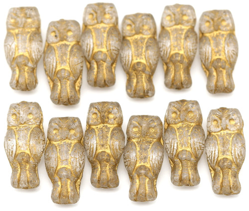 12pc 15x7mm Czech Pressed Glass Owl Beads, Crystal/Gold Wash