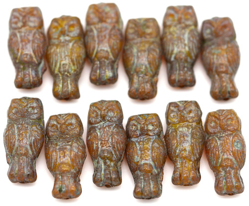 12pc 15x7mm Czech Pressed Glass Owl Beads, Yellow Opal/Picasso