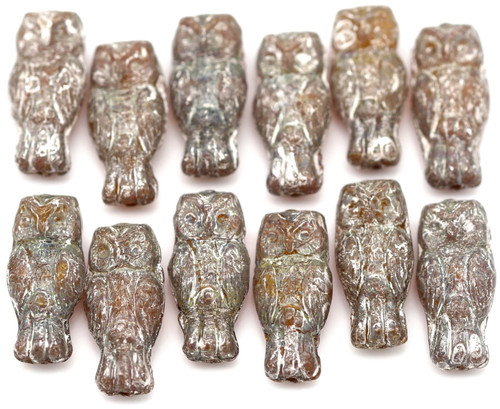 12pc 15x7mm Czech Pressed Glass Owl Beads, Yellow Opal/Travertine