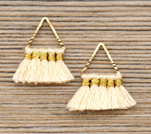 2pc 15x10mm Brass Triangle & Polyester Tassel Charms, Apricot/Gold