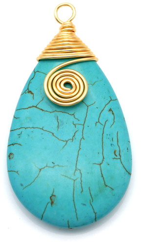 Approx. 62x34mm "Turquoise" Magnesite (Dyed) & 18k Gold-Plated Brass Wire-Wrapped Teardrop Pendant