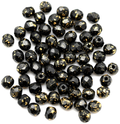 5-Gram Bag (Approx. 50+ Pcs) 4mm Czech Fire-Polished Faceted Round Beads, Jet/Gold Splash