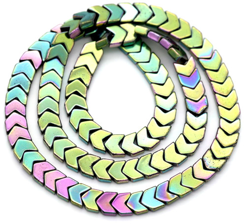 Approx. 16" Strand 6x6.5mm Synthetic Hematite (Man-Made) Chevron Beads, Rainbow Green Iris