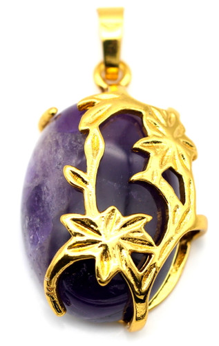 32x20mm Amethyst & Brass Floral Oval Pendant, Gold