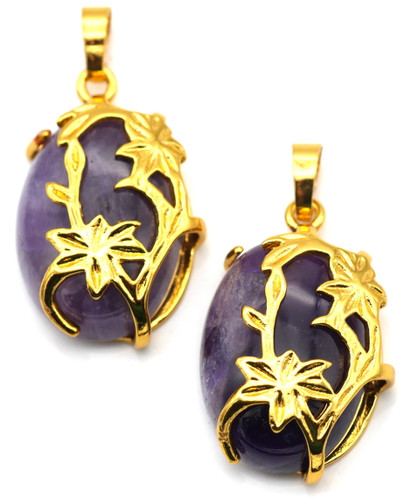 32x20mm Amethyst & Brass Floral Oval Pendant, Gold