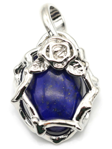 25.5x20mm Lapis Lazuli & Brass Oval w/Rose Pendant, Silver (See Photos for Variation)