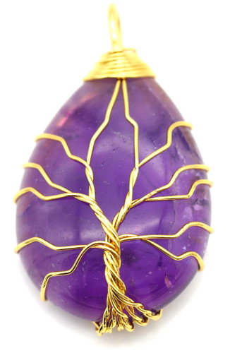 Approx. 45x26mm Amethyst Wire-Wrapped Teardrop Tree of Life Pendant, Gold