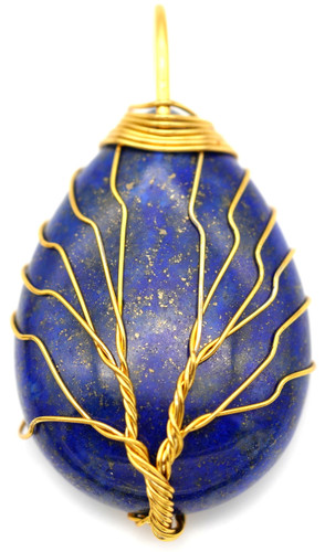 Approx. 45x26mm Lapis Lazuli (Dyed) Wire-Wrapped Teardrop Tree of Life Pendant, Gold (See Photos for Variation)