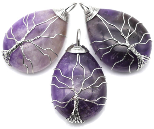 Approx. 45x26mm Amethyst Wire-Wrapped Teardrop Tree of Life Pendant, Silver