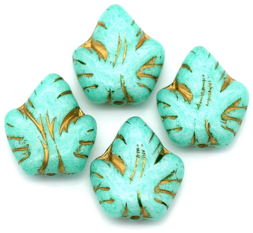 4pc 16x14mm Czech Pressed Glass Ivy Leaf Beads, Alabaster/Turquoise Marble/Gold Wash