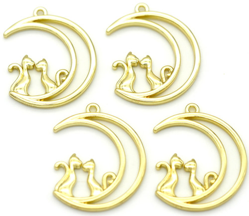 4pc 26x21mm Cats on a Crescent Moon Pendants, Gold