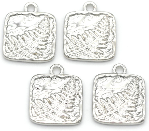 4pc 18x15mm Textured Square w/Fern Charms, Silver