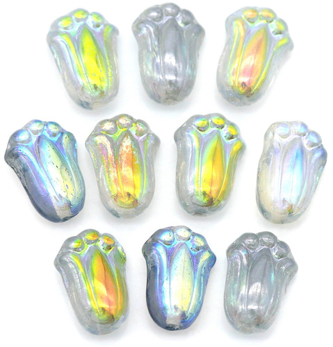 10pc 12x8mm Czech Pressed Glass Tulip Beads, Crystal Blue Rainbow
